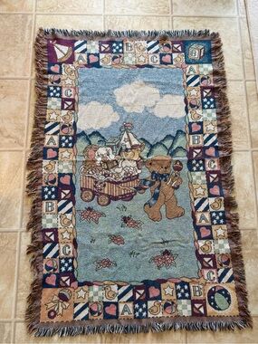Vintage Embroidered Knit Tapestry Teddy Bear Crib Baby Blanket with Fringe